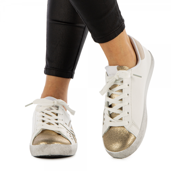 Γυναικεία αθλητικά παπούτσια Seran λευκά με χρυσάφι, 4 - Kalapod.gr